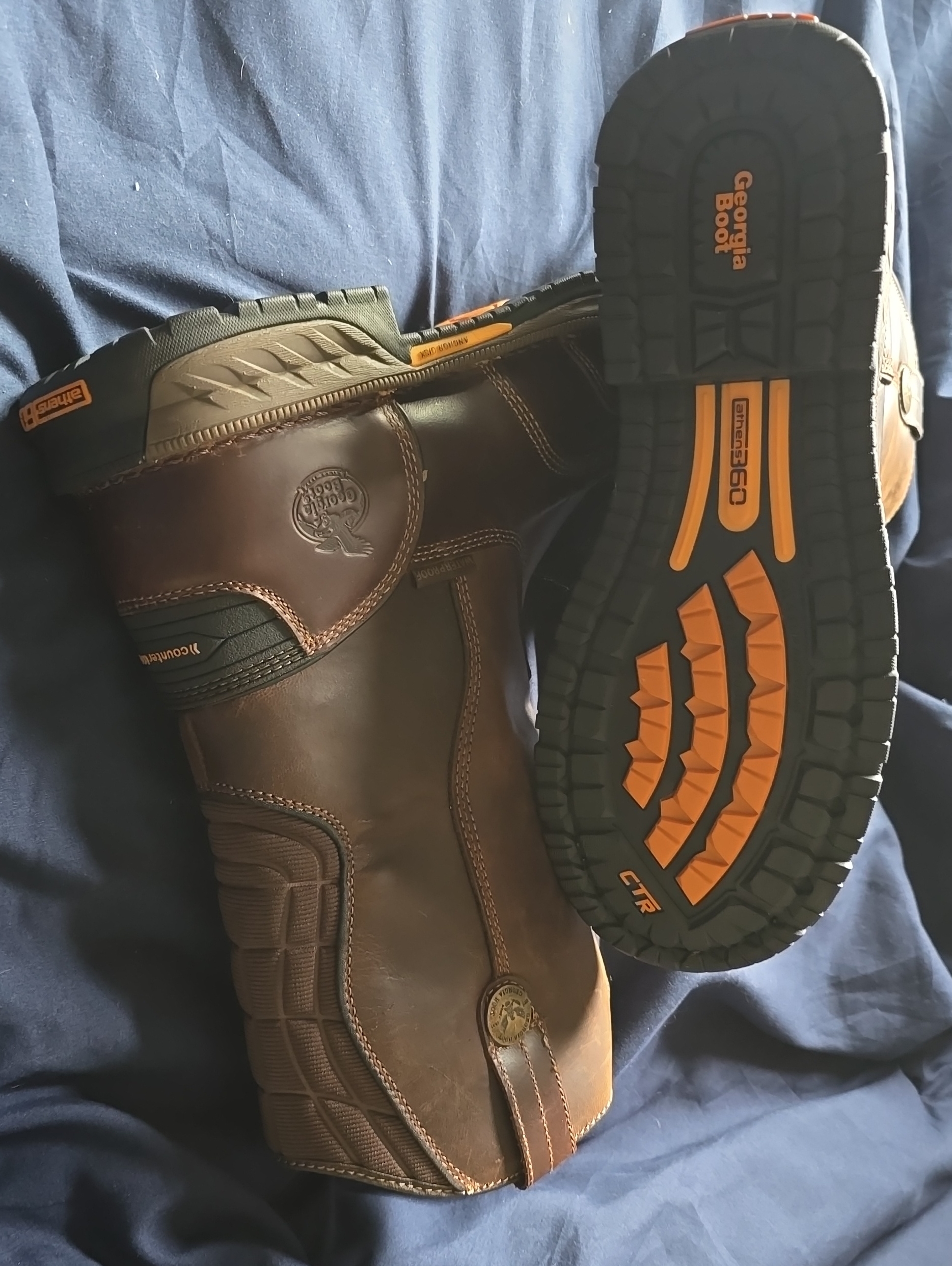 Georgia Boot Men's Brown Leather Work Boots With Orange Sole Accents